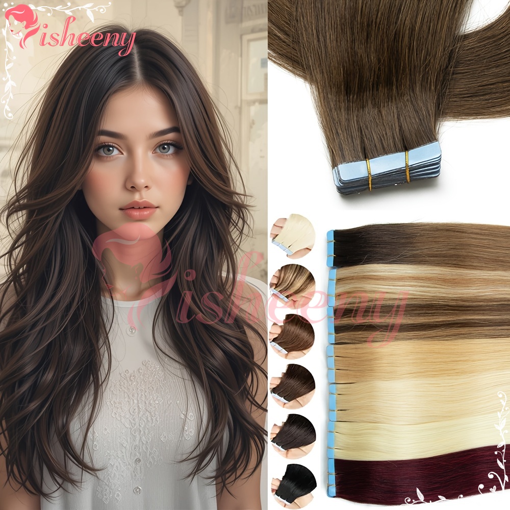 Invisible Tape In Extensions Real Hair - イシェニー ストレート テープイン ヘアエクステンション。本物の人毛を使用し、目立たないシームレスな接着テープで、薄い髪にも簡単に装着でき、繰り返し使用可能。普段使いに最適な女性用。
