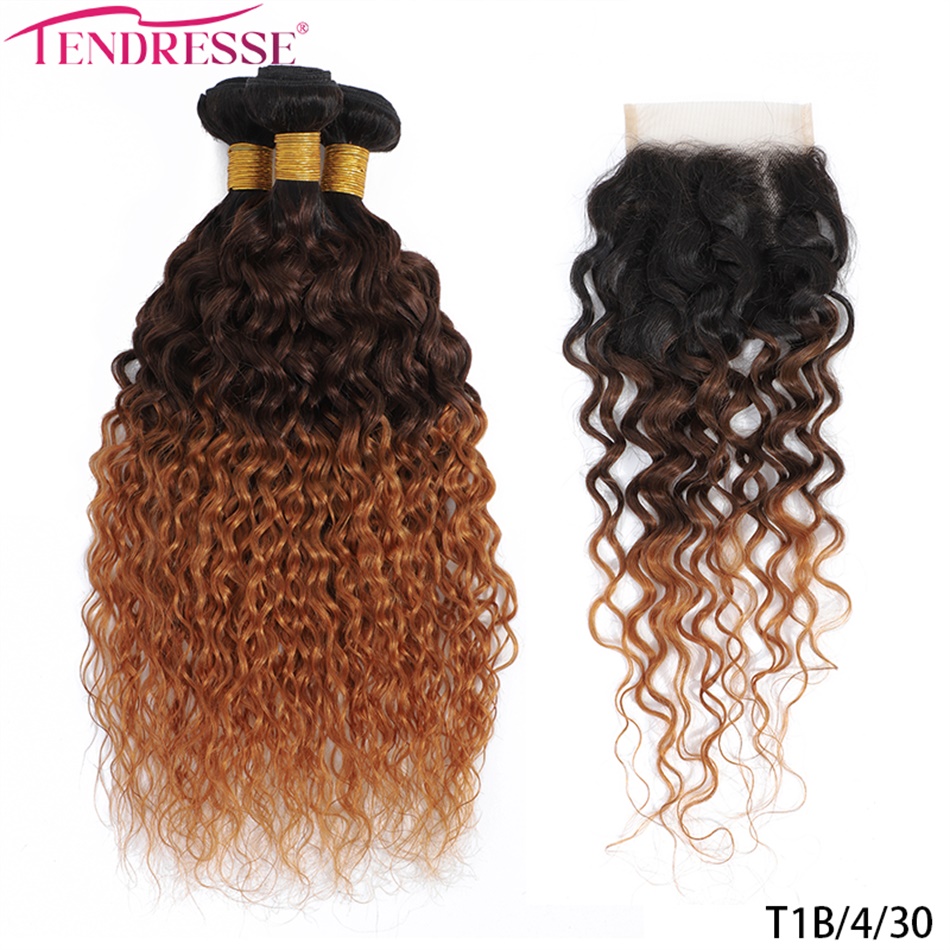 Deep Wave 3 Bundles With Closure - 12A オンブレ・ブラジリアンヘア、ディープウォーターウェーブの束（クロージャー付き）、ウェット＆ウェーブの束、人毛3束、4x4レースクロージャー付き。
