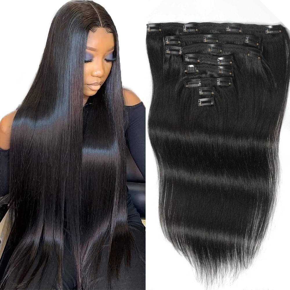 Seamless Clip In Hair Extensions Human Hair - クリップ式ストレートヘアエクステンション、人毛使用、自然な黒色、レミーヘア、8ピース/セット、クリップで簡単に装着できるエクステンション、120g、継ぎ目が目立たないクリップ式。