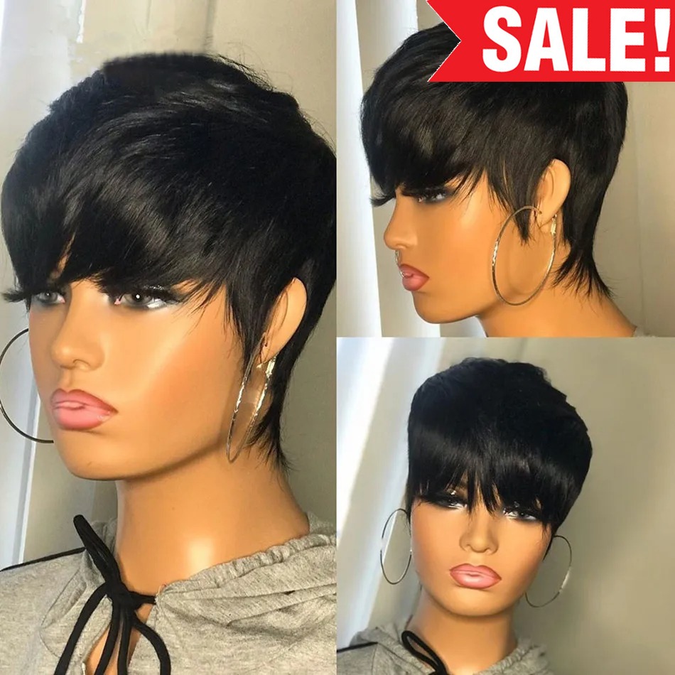 Short Pixie Cut Wig Human Hair Cheap - 短い人毛ウィッグ、ピクシーカット、ストレート、ブラジル産、黒人女性向け、機械製、前髪付き、安価なウィッグ。