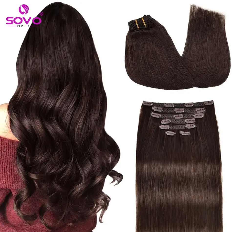 Seamless Clip In Hair Extensions Human Hair - クリップインヘアエクステンション 100% 本物の人間のレミーヘア 7 ピース/セット ダークブラウン