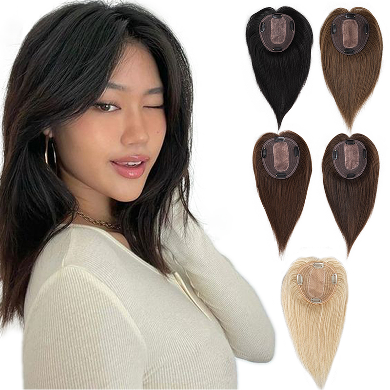 Seamless Clip In Hair Extensions Human Hair - 10インチ100%人毛13x12cmヘアネットクリップ式ヘアピース、前髪付きトップウィッグ、女性の日常生活用