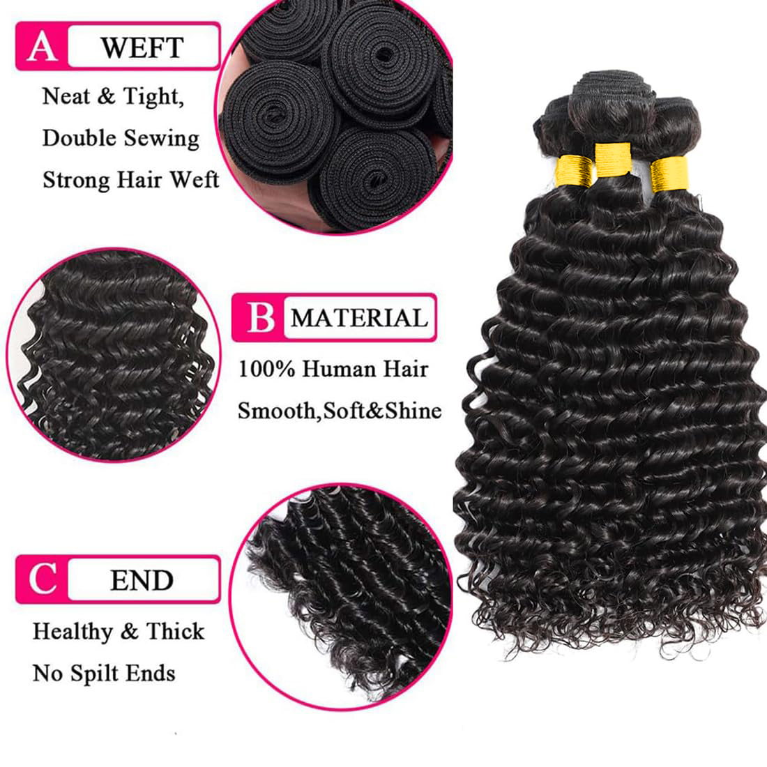 ブラジル産バージンヘア100%使用、ディープウェーブ、ダブル - Deep Wave 3 Bundles With Closure のレビューと価格