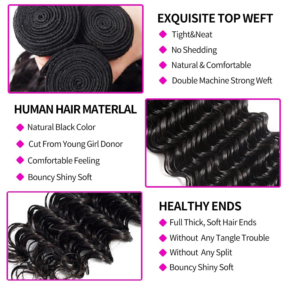 ブラジル産バージンヘア100%使用、ディープウェーブ、ダブル - Deep Wave 3 Bundles With Closure のレビューと価格