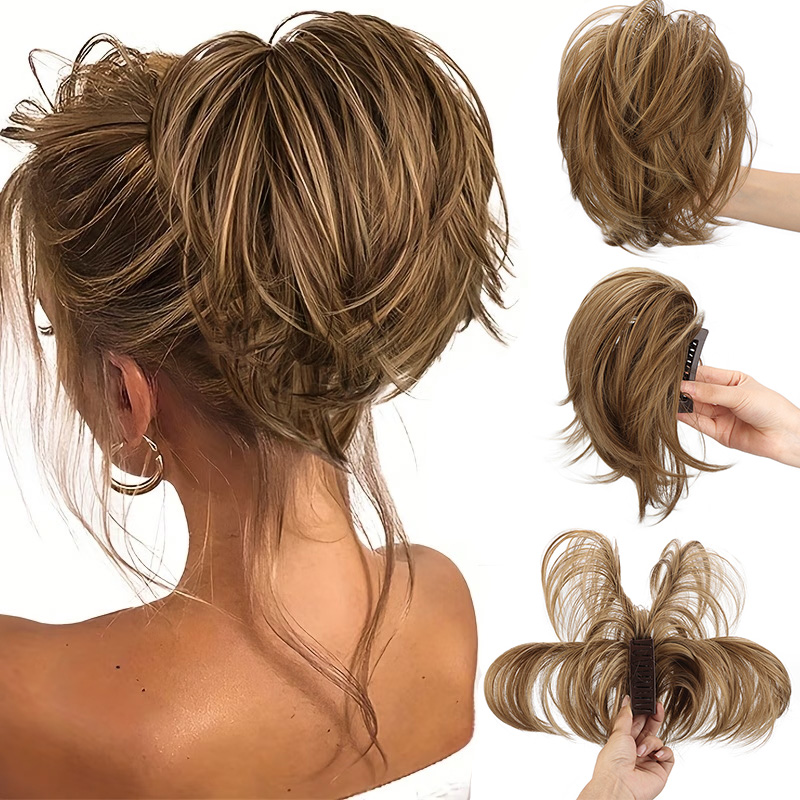 合成繊維製のクリップ式ポニーテールエクステンション。曲げやす - Claw Clip Messy Bun Hair Piece のレビューと価格