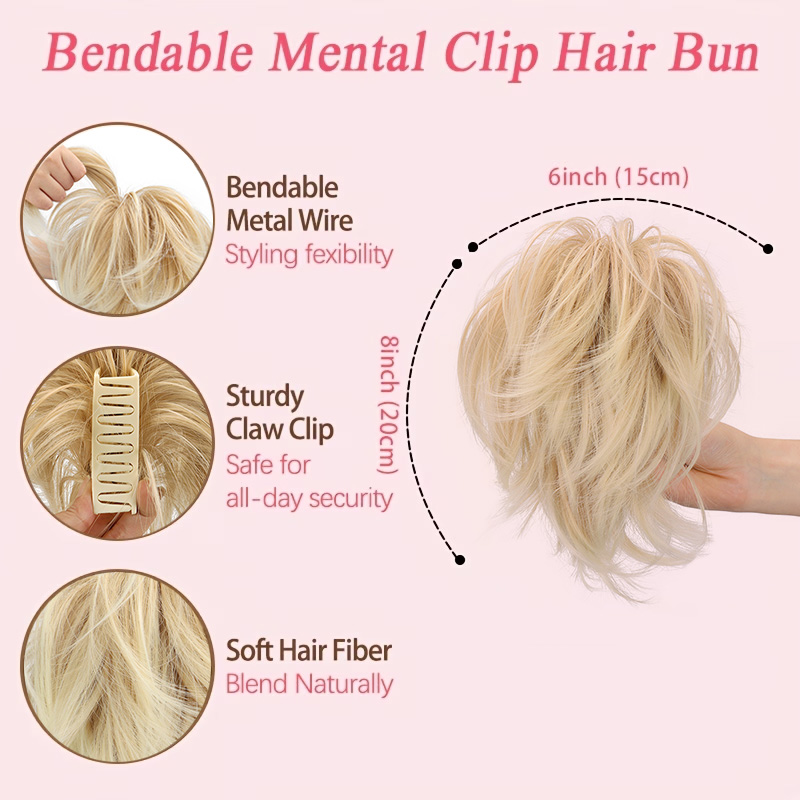 合成繊維製のクリップ式ポニーテールエクステンション。曲げやす - Claw Clip Messy Bun Hair Piece のレビューと価格