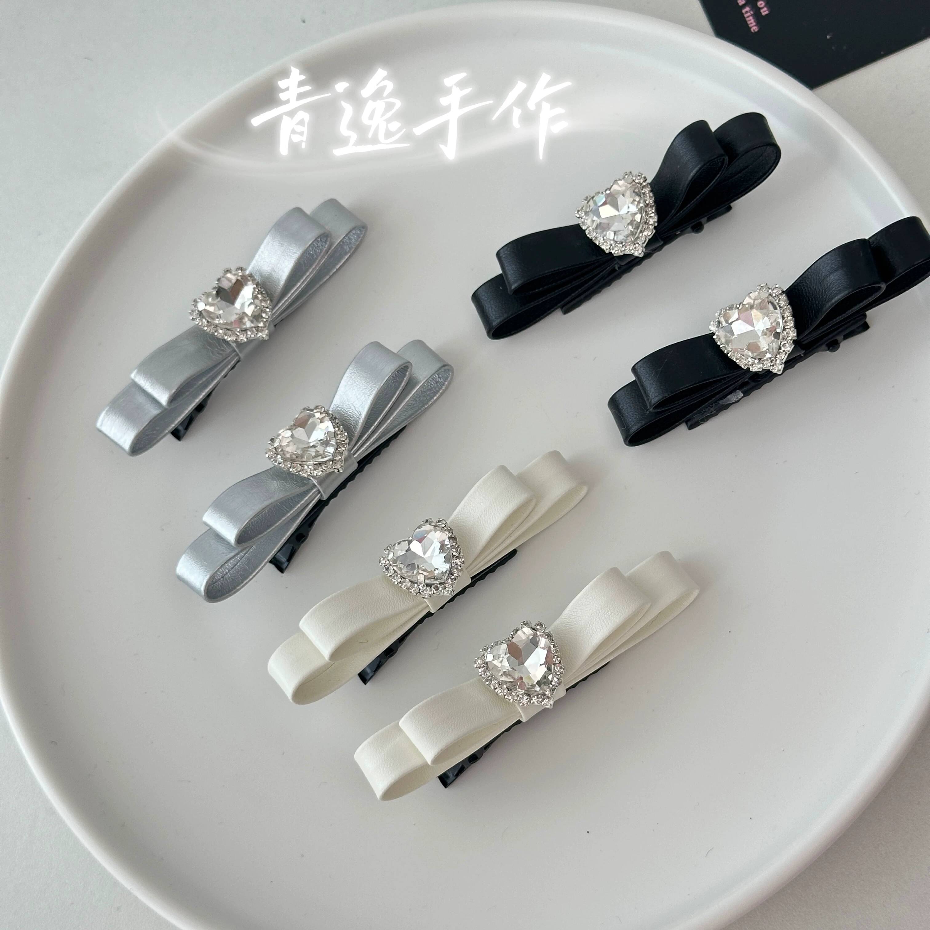 地雷風レース風ハート型ラインストーンヘアクリップ二層リボン付 - Hair Clips のレビューと価格