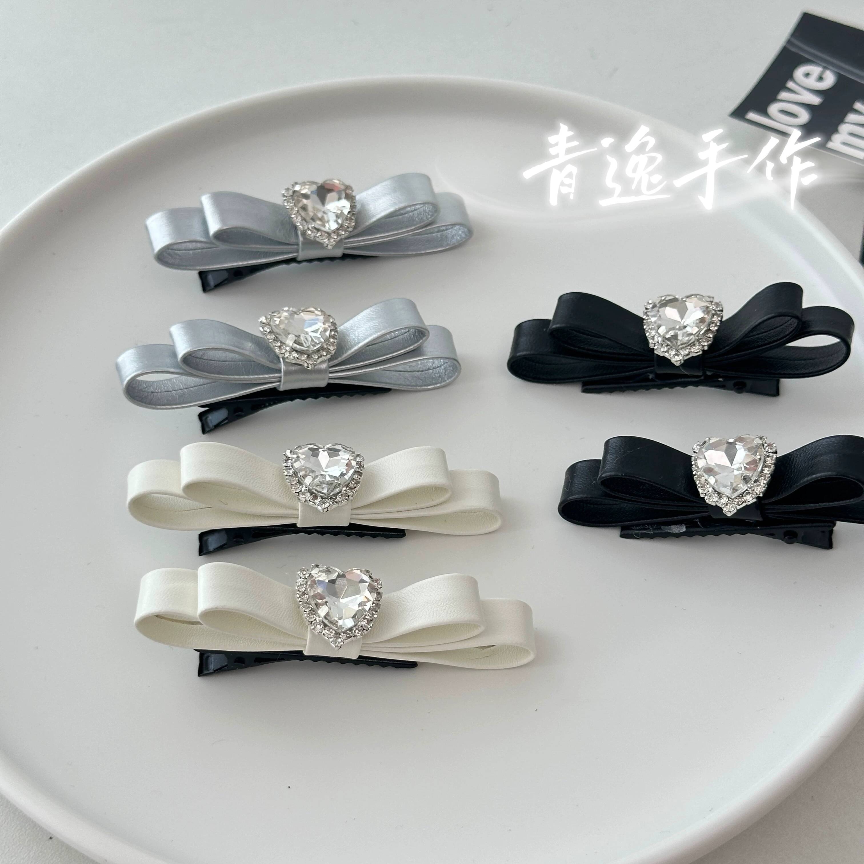 地雷風レース風ハート型ラインストーンヘアクリップ二層リボン付 - Hair Clips のレビューと価格