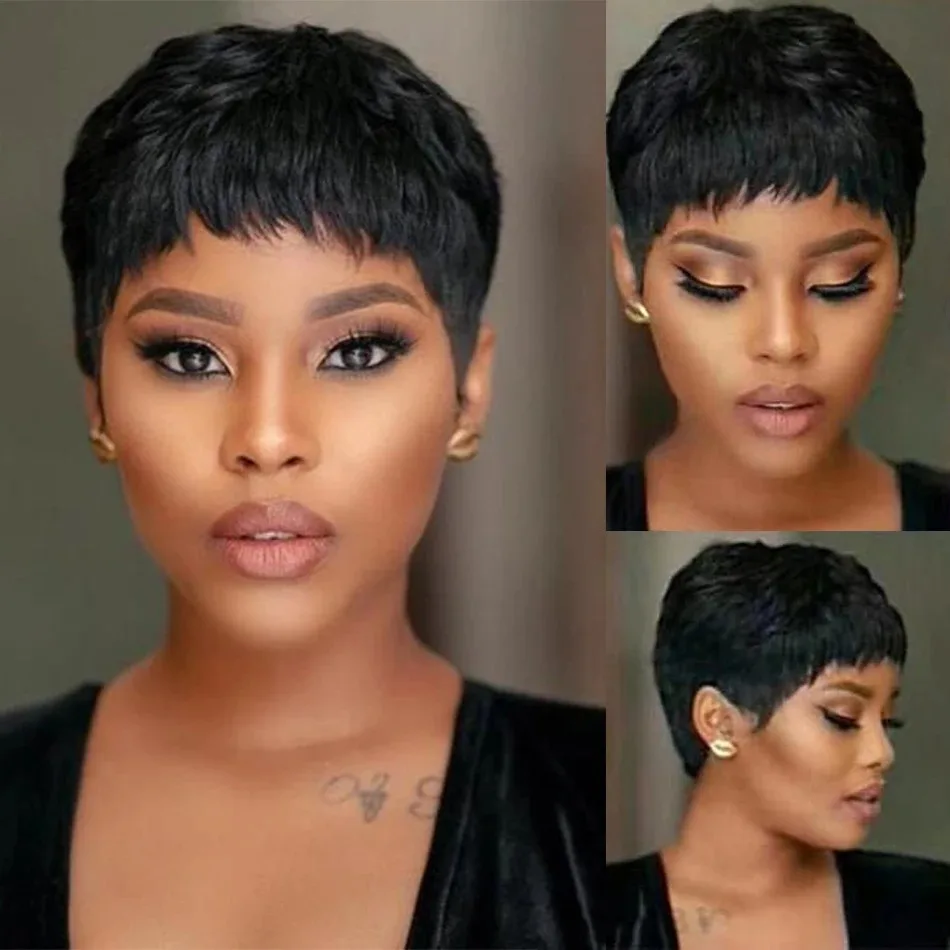 短い人毛ウィッグ、ピクシーカット、ストレート、ブラジル産、黒 - Short Pixie Cut Wig Human Hair Cheap のレビューと価格