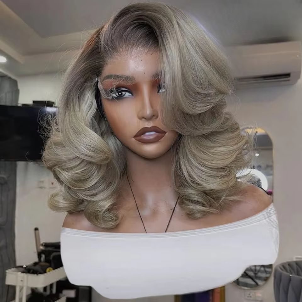 ボブ オンブレ アッシュブロンド 13x4 HD合成レースフ - Pre Parted 13X4 Lace Front Bob Wig のレビューと価格