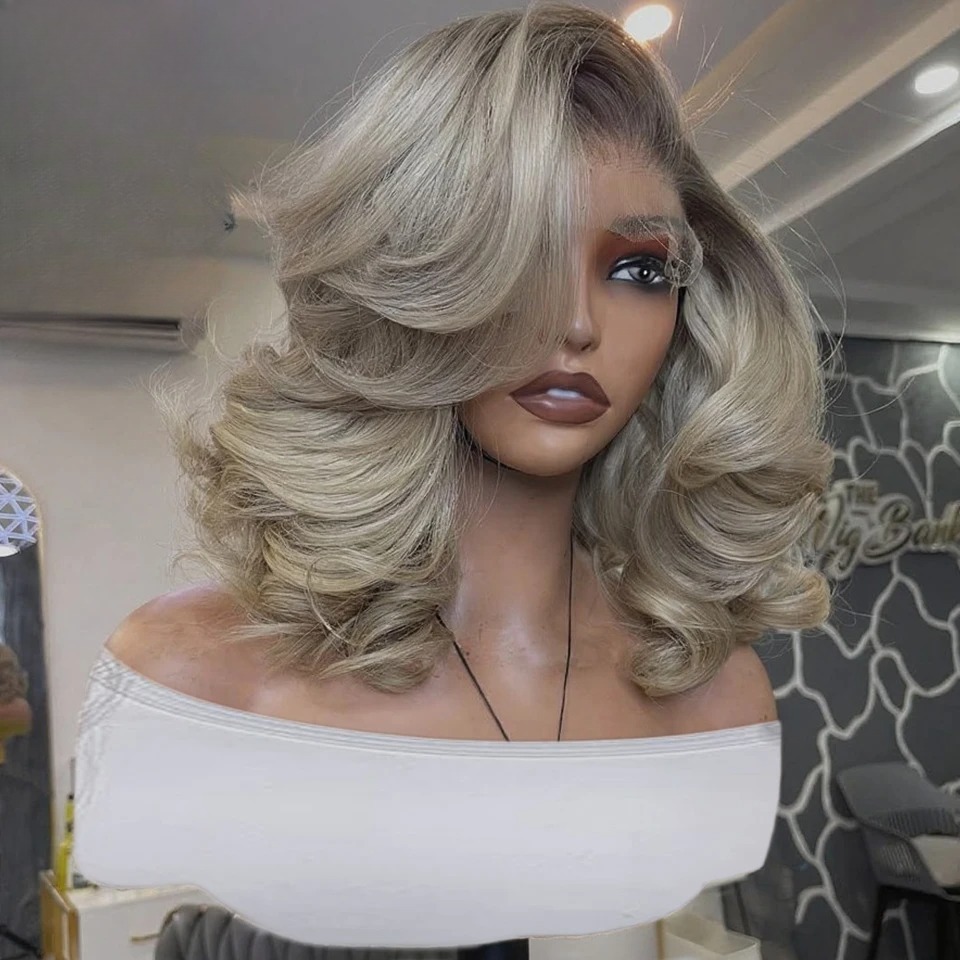 ボブ オンブレ アッシュブロンド 13x4 HD合成レースフ - Pre Parted 13X4 Lace Front Bob Wig のレビューと価格